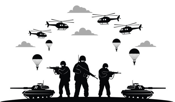 Military operation silhouette helicopters tanks and soldiers in action
