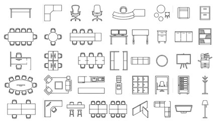 Obraz premium Office & Workspace Furniture Top View Icon Set – Desks, Chairs, Meeting Table, Conference Room, Cubicles, Reception, Co-Working Space, CAD Vector Symbols