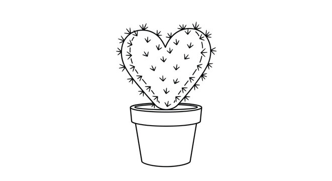 Heart shaped prickly pear cactus in a small flower pot shown as a simple black and white line art illustration for coloring.
