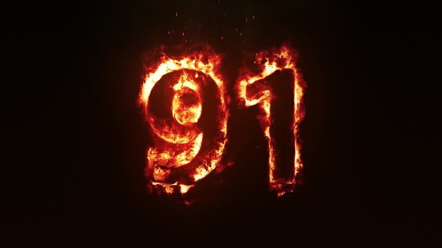 Burning Fire Number 91. Fire Digit Animation. Fiery Number
