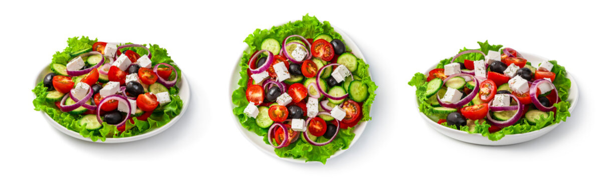 Greek salad in a flat plate close-up view from above and from the side isolated on a white background. A set of different salad angles. Juicy, mouth-watering salad with cheese, vegetables and fresh