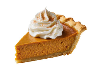Isolated delicious slice of traditional pumpkin pie topped with fluffy whipped cream and spice