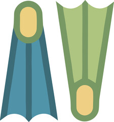 Flat stylized illustration of a pair of swim fins. Blue and green scuba diving flippers arranged in opposite directions. Summer water sports equipment © writerfantast