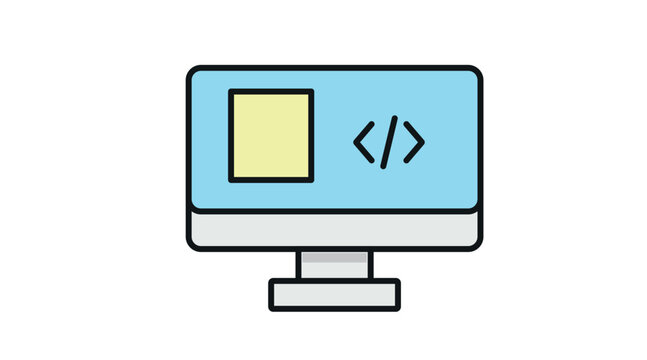 Desktop computer monitor icon with HTML code brackets on screen, flat vector illustration in soft pastel colors for web development, programming and software engineering.