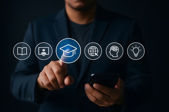 Professional selecting graduation icon on virtual interface, representing education services, digital learning, and academic opportunity access