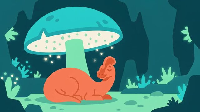 Peaceful Dinosaur Resting Under a Magical Glowing Mushroom.