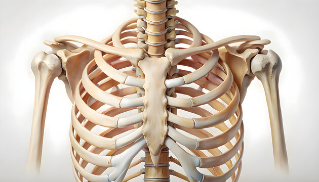 Human skeleton with ribcage and shoulder bones exposed in detail