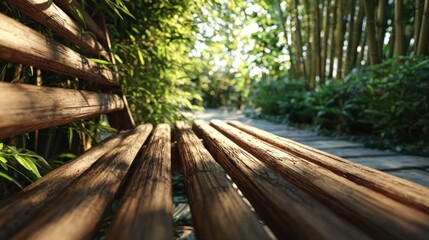 Fototapeta premium Slatted bamboo bench, open terrace, lush greenery, Zen-inspired outdoor space, tranquil ambiance, 8k, realistic, full ultra HD, high resolution, cinematic photography