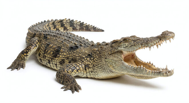Realistic 3D model of an aggressive saltwater crocodile with open jaws on white background