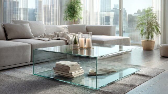 Sleek glass coffee table in a minimalist living room interior, 8k, realistic, full ultra HD, high resolution, cinematic photography