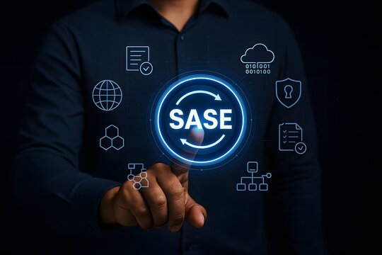Man's finger points directly at a glowing sase (secure access service edge) icon, surrounded by a comprehensive network of cloud and cybersecurity symbols, illustrating modern it infrastructure.
