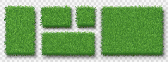 Set of banners with a juicy grass texture on a transparent background. Green lawn, grassy meadow, football field. Elements for design. Vector EPS 10. © Helga1