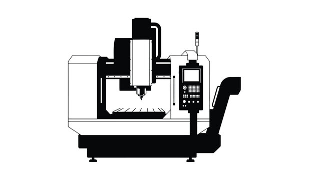 Silhouette of a cnc milling machine with control panel and tooling
