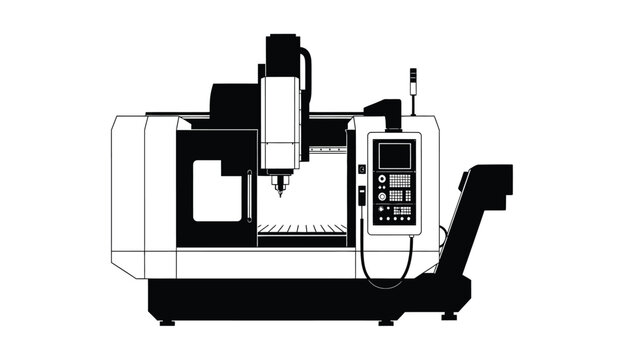Silhouette of a cnc milling machine with control panel and robotic arm