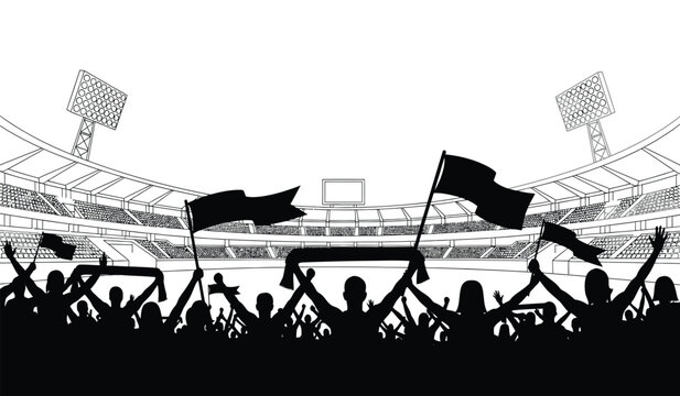 Silhouette of a lively crowd waving flags in a sports stadium