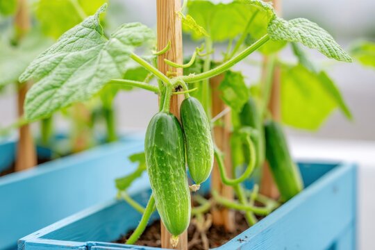 Cucumber plants growing vertically on wooden stakes in blue planters, showcasing fresh green cucumbers and vibrant green leaves in a garden setting