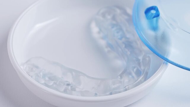 Close up of dental splints for the treatment of bruxism, malocclusion, and for relaxing jaw muscles. High quality 4k footage