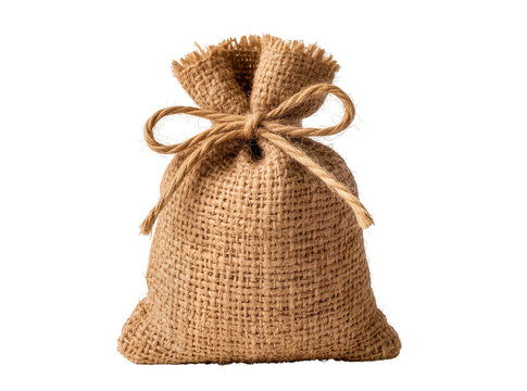 Isolated empty natural hessian burlap sack with a rustic tied string, brown fabric pouch