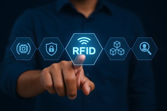 RFID technology concept with digital interface showing wireless tracking identification and smart automation system