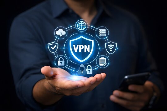 Person's hand holding a glowing vpn shield icon, surrounded by various security and network-related symbols, representing secure internet access and data privacy protection.