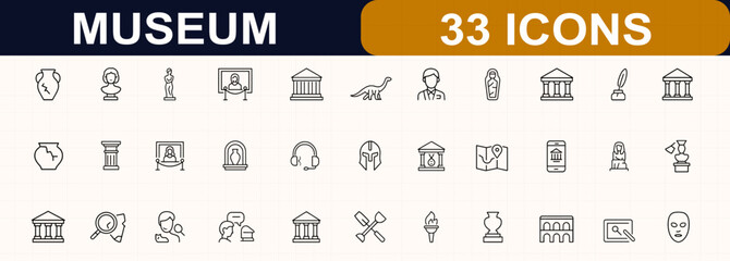 Museum history web icons in line style. artifact, sculpture, statue, painting, exhibition, archaeology, heritage, architecture, gallery, culture. Editable stroke. Vector illustration. © JIm Studio