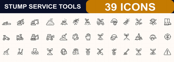 Stump removal and forestry tools web icons in line style. chainsaw, grinder, excavator, mulch, planter, gloves, helmet, safety, landscaping, tree service. Editable stroke. Vector illustration. © JIm Studio