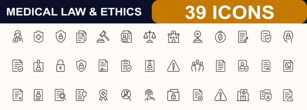Medical law and ethics web icons in line style. healthcare compliance, patient privacy, legal documents, insurance policy, justice scale, consent, confidentiality, contract, security. Editable stroke.