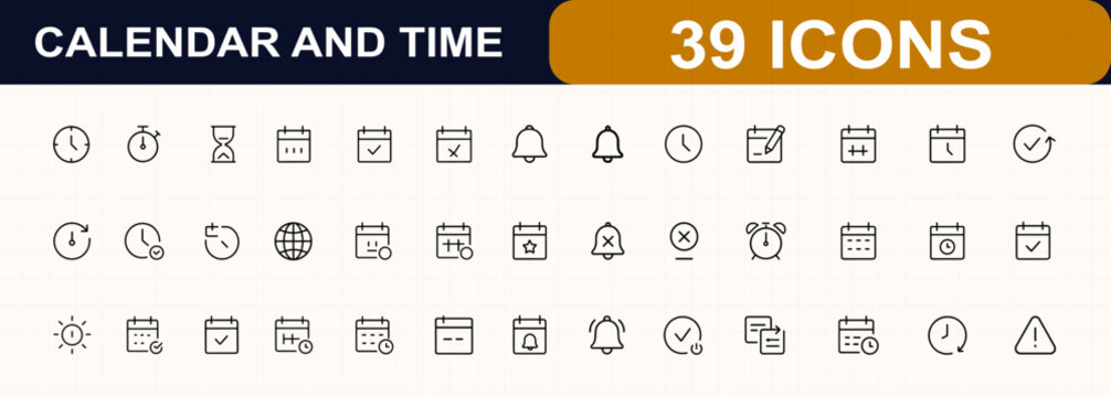 Calendar and time management web icons in line style. stopwatch, hourglass, planner, appointment, reminder, alarm, schedule, checkmark, bell, availability, reschedule, date, timer. Editable stroke.