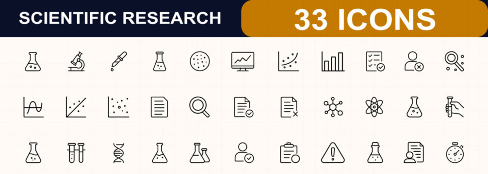 Scientific research glyph icon set. laboratory, pipette, sample, data, graph, regression, correlation, analysis, anomaly, document review, accepted, rejected. Editable stroke. Vector illustration.