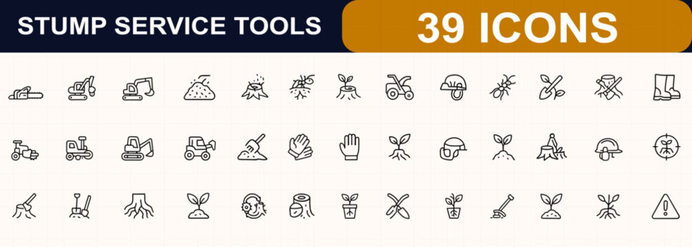 Stump removal and forestry tools web icons in line style. chainsaw, grinder, excavator, mulch, planter, gloves, helmet, safety, landscaping, tree service. Editable stroke. Vector illustration.