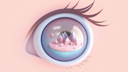 Obraz premium Stylized eye contains miniature landscape. Mountains, sun, water visible within pupil. Soft pink background, dreamy aesthetic.