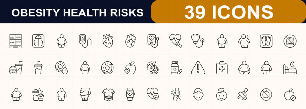 Obesity health risk line web icon set. BMI chart, weighing scale, diabetes, cholesterol, hypertension, fastfood, mental health, heart, nutrition, medical pictograms. Editable stroke. Vector.