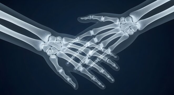 X ray image of two hands shaking with visible wrist and finger bones
