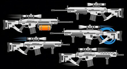 Fototapeta premium Vector illustration of various futuristic firearms in shades of white, with scopes and attachments