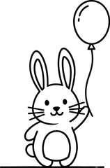 Fototapeta premium Minimalist black and white line art drawing features a cute, happy cartoon rabbit standing and holding a simple balloon string.