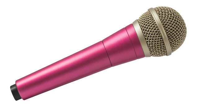 Pink microphone with silver grill music isolated on a transparent background
