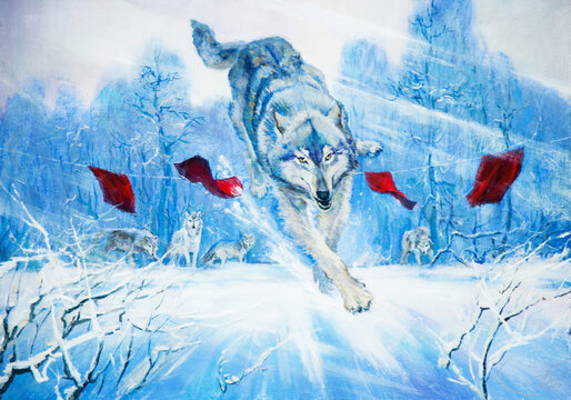Dynamic oil painting of a wolf pack running through a snowy winter forest with red flags.