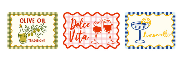 Italian food labels set olive oil limoncello wine dolce vita italian cuisine vintage style posters hand drawn illustration collection decorative mediterranean design elements © oksanagrytsyuk