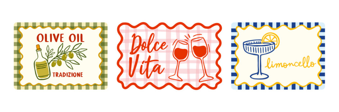 Italian food labels set olive oil limoncello wine dolce vita italian cuisine vintage style posters hand drawn illustration collection decorative mediterranean design elements