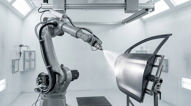 A robotic industrial arm precisely paints a car door in a modern automotive assembly plant booth, car manufacturing, robotic automation, advanced industry.