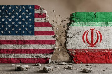 Obraz premium Conflict between United States and Iran shown by breaking walls with flags