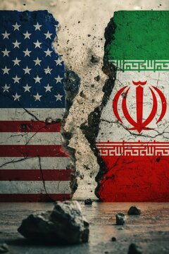 Conflict between United States and Iran shown through broken wall with flags