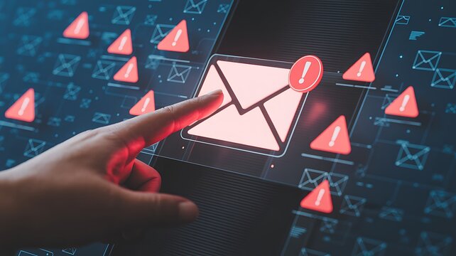 Finger interacting with a glowing email icon on a digital interface with warning alerts