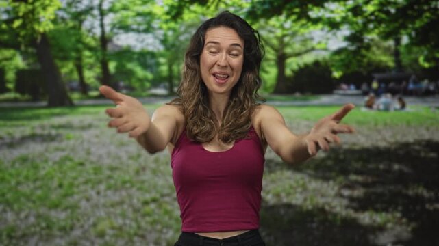 Smiling woman hugs bare shoulders amid tall trees in green forest clearing; acceptance openness joy welcome.