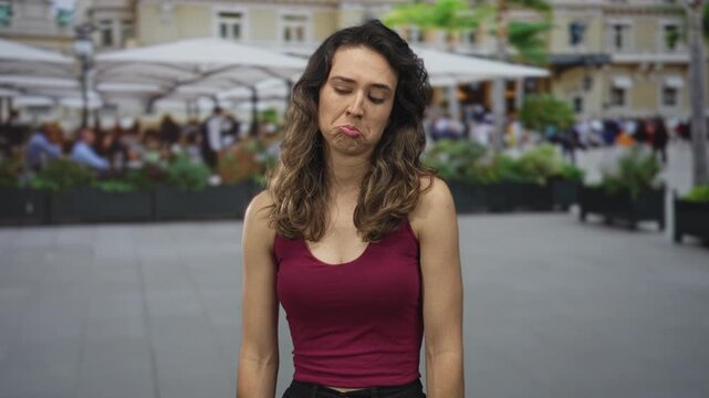Woman in maroon tank top alone frowns with closed eyes on street caf&eacute; terrace under midday sunlight; sadness.