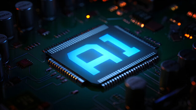 powerful computer processor microchip with the word representing artificial intelligence, AI technology