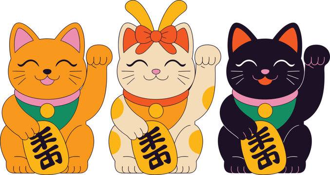 Three lucky cat maneki neko figures in orange, white, and black, waving welcomingly with gold japanese inscription, fortune cat