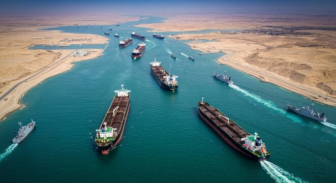 Cargo Vessels Navigating the Scenic Suez Canal in Egypt During a Busy April Day in 2021