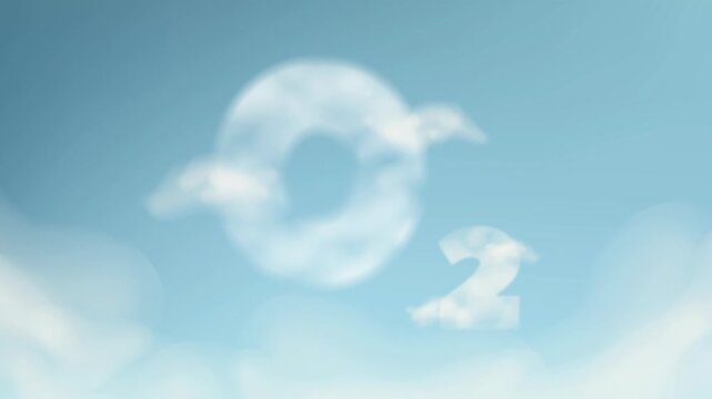 Clouds in the shape of O2 (oxygen molecules) float gently across the blue sky. A soft, dreamy atmosphere creates a sense of calm and serenity.