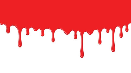 Dripping red liquid on transparent background blood or paint melt flow effect vector illustration for halloween theme horror concept sticky sauce or fruit jam dripping down from top edge. © MDISMAIL